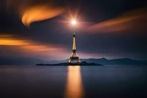 le Eiffel la tour est allumé en haut à nuit. généré par ai photo