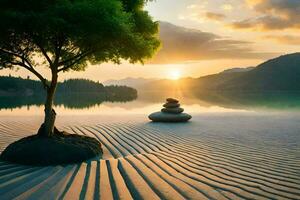 le Zen jardin de le lac. généré par ai photo