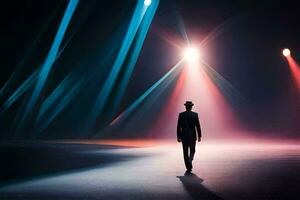 une homme dans une costume des promenades par une foncé pièce avec brillant lumières. généré par ai photo