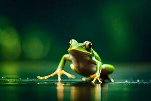 une grenouille séance sur le sol avec une vert Contexte. généré par ai photo