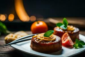 deux petit Gâteaux sur une assiette avec une fourchette et couteau. généré par ai photo