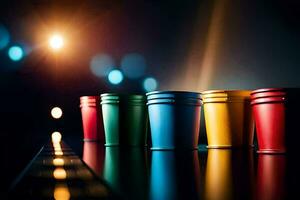 coloré Plastique tasses doublé en haut sur une tableau. généré par ai photo