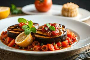 grillé aubergine avec tomate sauce et citron. généré par ai photo