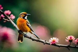 une oiseau est assis sur une branche avec rose fleurs. généré par ai photo