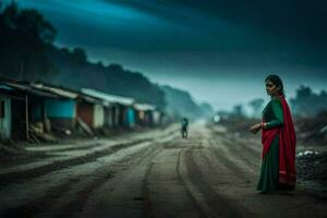 une femme dans une rouge sari des stands sur une saleté route. généré par ai photo