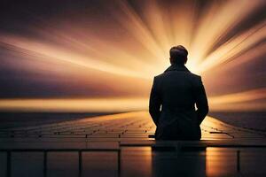 une homme séance sur le sol avec le sien retour à le Soleil. généré par ai photo