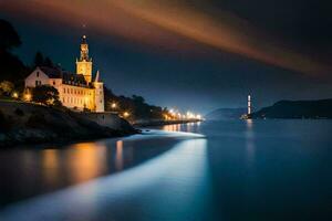 une église est allumé en haut à nuit sur le rive de le océan. généré par ai photo
