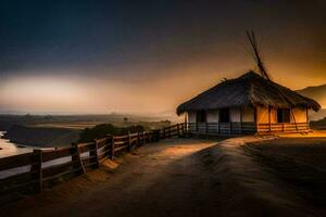 une cabane est assis sur le côté de une colline à le coucher du soleil. généré par ai photo