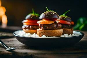 Trois mini des hamburgers sur une assiette avec riz. généré par ai photo