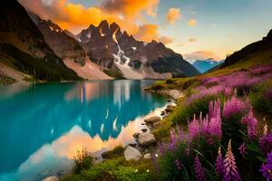 le Lac et fleurs sont réfléchi dans le l'eau. généré par ai photo