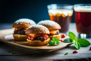 petit curseurs avec fromage et tomate sauce sur une en bois plaque. généré par ai photo