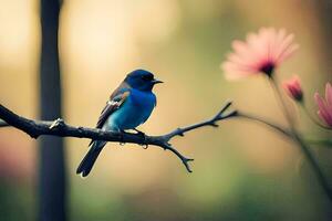 une bleu oiseau est assis sur une branche avec rose fleurs. généré par ai photo