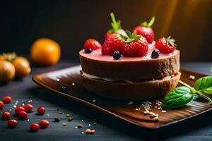 une gâteau avec des fraises et crème sur une en bois tableau. généré par ai photo