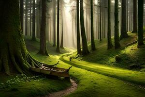 une bateau est séance dans le milieu de une forêt. généré par ai photo