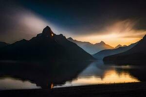 le Soleil ensembles plus de montagnes et l'eau. généré par ai photo