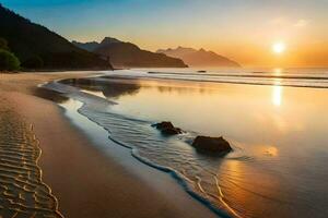 le Soleil ensembles sur une plage dans le milieu de le océan. généré par ai photo