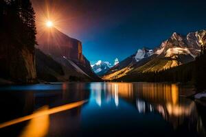 le lune brille plus de une Montagne Lac à nuit. généré par ai photo