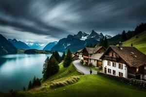 le maison sur le lac. généré par ai photo