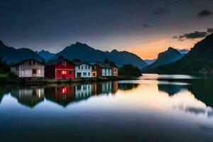 photo fond d'écran le ciel, montagnes, eau, Maisons, le mer, le montagnes, Norvège. généré par ai