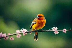 une petit Orange oiseau est assis sur une branche avec rose fleurs. généré par ai photo