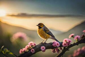 une oiseau sur une branche dans le montagnes. généré par ai photo