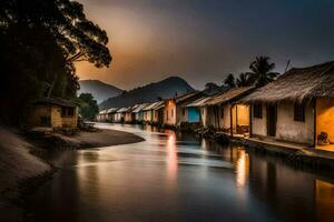 une rivière dans le milieu de une village à le coucher du soleil. généré par ai photo