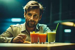 une homme séance à une table avec Trois jus lunettes. généré par ai photo