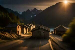 une route avec Maisons et montagnes dans le Contexte. généré par ai photo