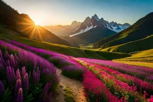 le Soleil monte plus de le montagnes et fleurs dans le vallée. généré par ai photo