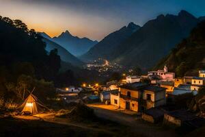 une village dans le montagnes à crépuscule. généré par ai photo