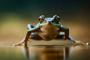 une grenouille est séance sur le sol avec ses yeux ouvert. généré par ai photo