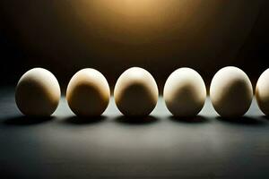 six des œufs dans une rangée sur une noir Contexte. généré par ai photo