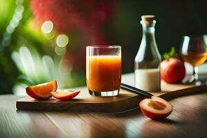 une verre de Orange jus et une bouteille de jus. généré par ai photo