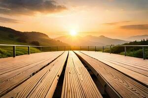 en bois passerelle de premier plan à le le coucher du soleil. généré par ai photo