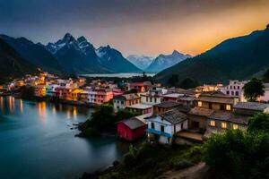 une ville est assis sur le bord de une Lac à le coucher du soleil. généré par ai photo