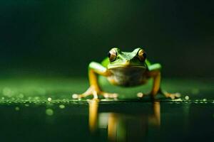 une grenouille séance sur le l'eau surface avec une vert Contexte. généré par ai photo