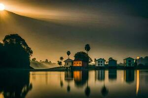 le Soleil monte plus de une Lac avec Maisons dans le Contexte. généré par ai photo