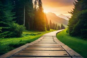 en bois chemin dans le montagnes. généré par ai photo