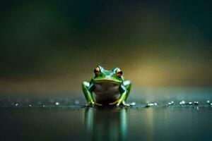 une grenouille séance sur le sol avec l'eau gouttelettes sur il. généré par ai photo