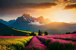 le Soleil monte plus de une champ de lavande fleurs dans le montagnes. généré par ai photo