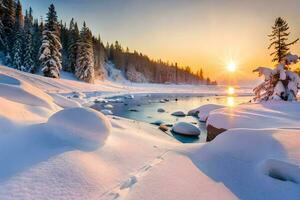 neige couvert des arbres et le Soleil réglage plus de une rivière. généré par ai photo