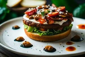 une Hamburger avec tomates et salade sur une blanc plaque. généré par ai photo