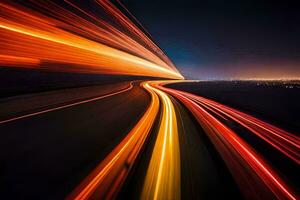 une longue exposition photographier de une Autoroute à nuit. généré par ai photo