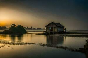 une petit cabane est assis sur le rive de une Lac à le coucher du soleil. généré par ai photo