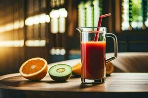 une lanceur de jus avec un Orange tranche et une tranche de kiwi. généré par ai photo