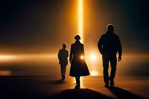 le Trois gens sont en marchant dans le sombre. généré par ai photo