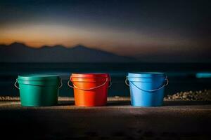 Trois coloré seaux séance sur le sol. généré par ai photo