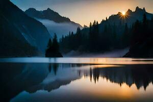 le Soleil monte plus de une Montagne Lac dans le Matin. généré par ai photo