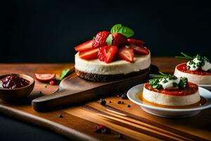 cheesecake avec des fraises et basilic sur une en bois Coupe planche. généré par ai photo