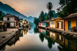 coloré Maisons ligne le voie navigable dans une village. généré par ai photo